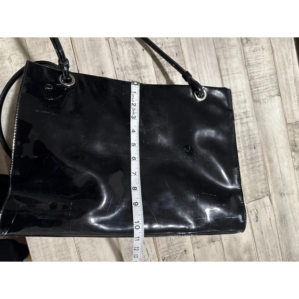 Sag Harbor Black Patent Faux Leather Tote Bag Shoulder Purse Silver Hardware